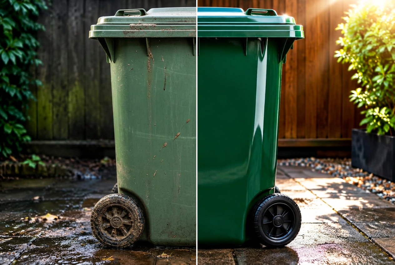 A dirty wheelie bin next to the same bin after professional cleaning