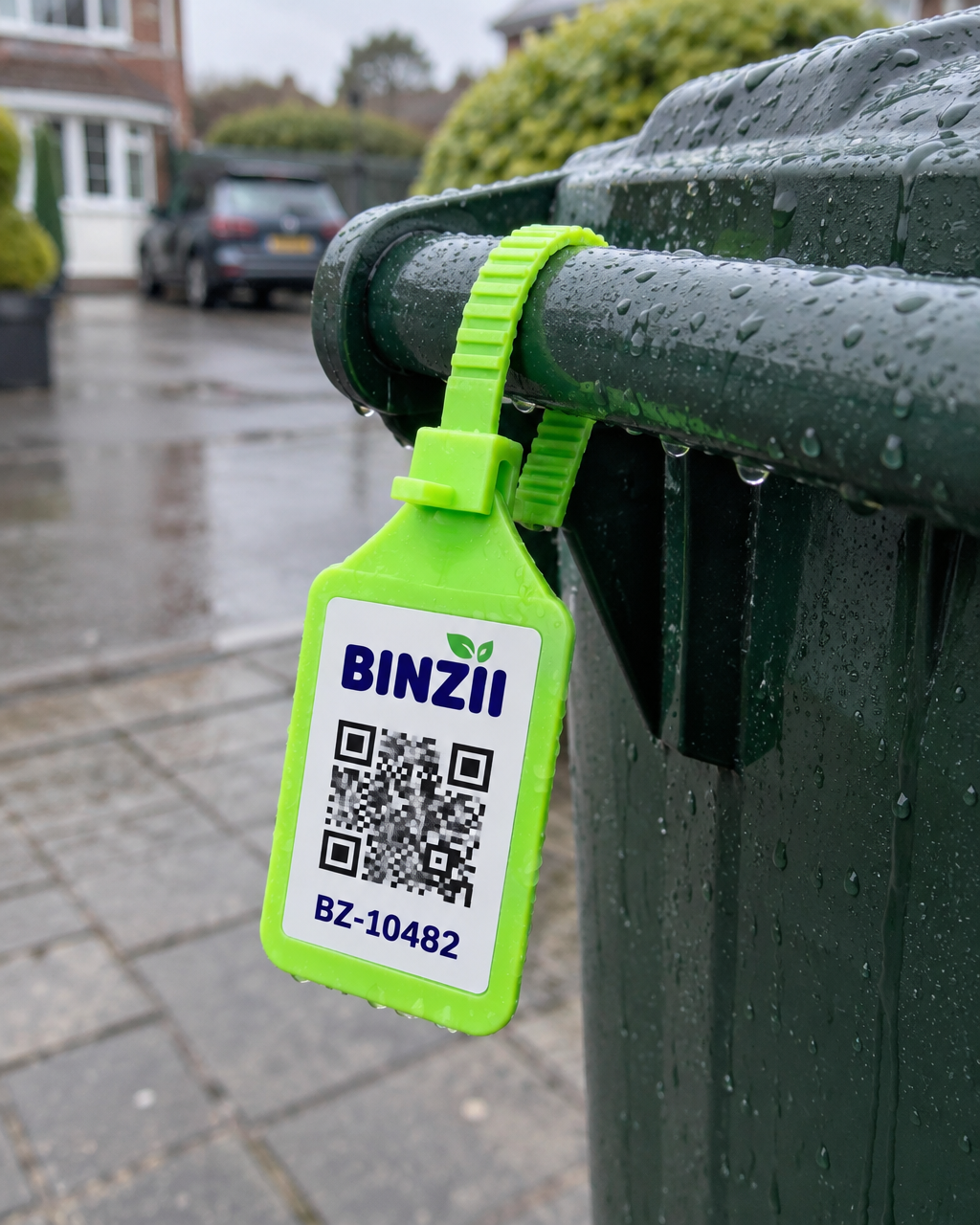A BINZII QR tag locked to the handle of a green wheelie bin