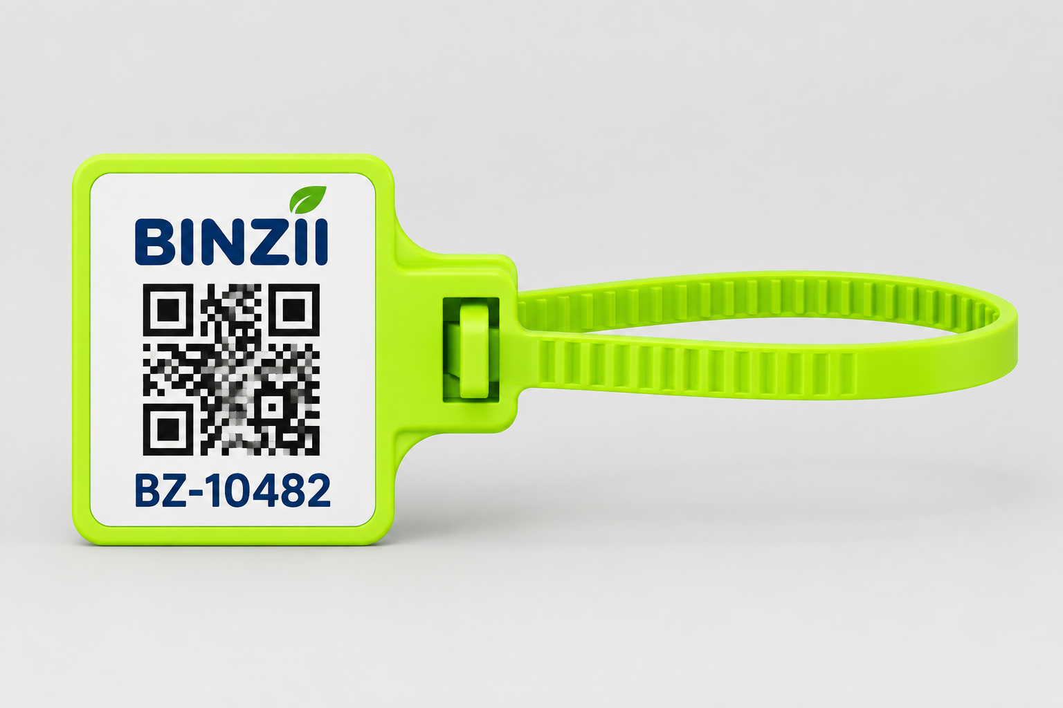 The BINZII tag: a green security tag with a unique QR code that is scanned after every clean